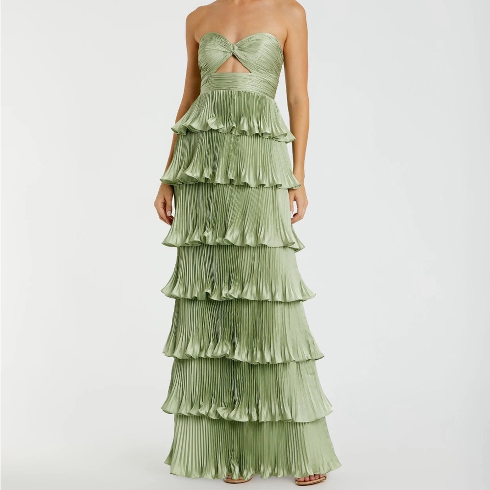 Mac Duggal Ieena Green Pleated Charmeuse Strapless Tiered Ruffle Gown